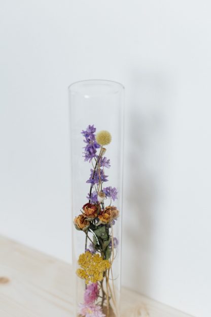 Gedroogde bloemen in glazen stolp
