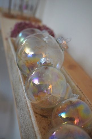 Droogbloemen in glazen kerstbal